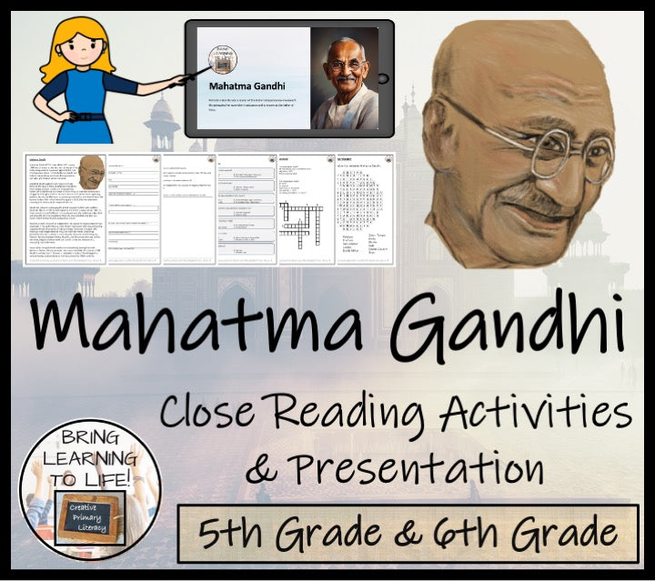 Mahatma Gandhi Close Reading Comprehension Activities | 5th Grade & 6th Grade