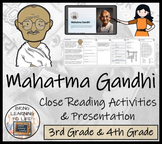 Mahatma Gandhi Close Reading Comprehension Activities | 3rd Grade & 4th Grade