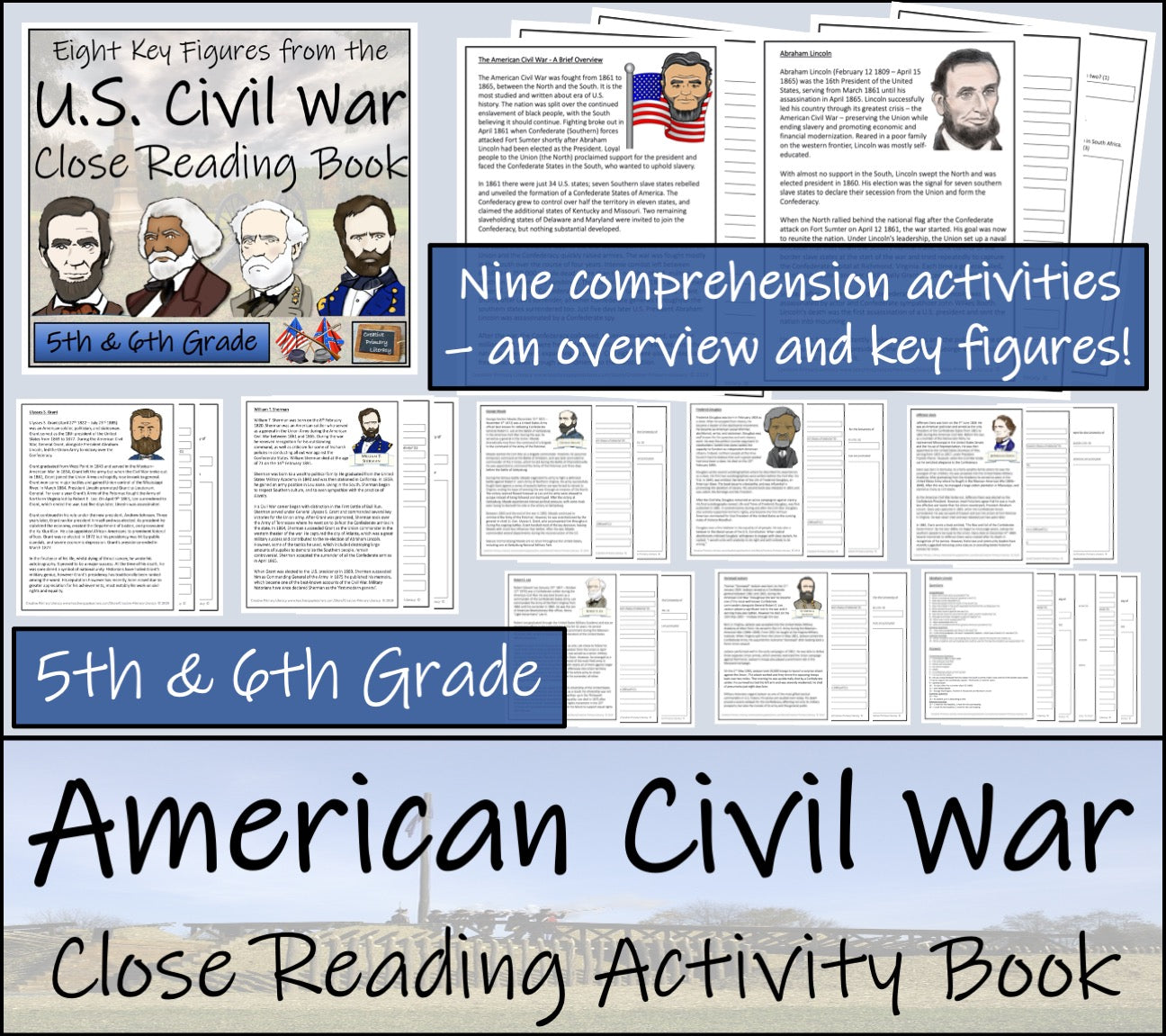 American Civil War Key Figures Close Reading Comprehension Book 5th & 6th Grade