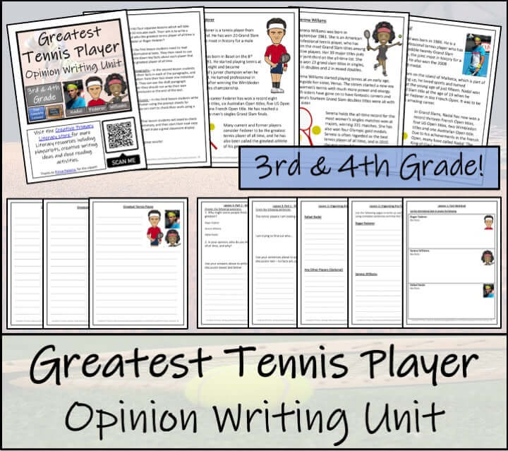 Greatest Tennis Player Opinion Writing Unit | 3rd–4th Grade materials featuring tennis players and writing prompts.