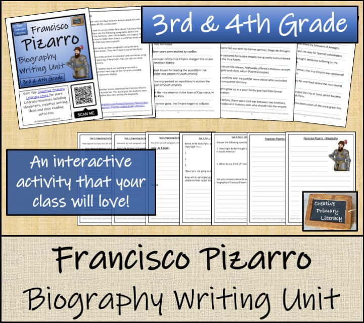Francisco Pizarro comprehension and biography bundle for 3rd-4th grade reading activities and presentation.