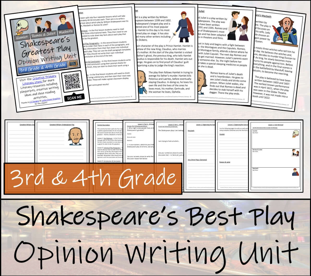 Shakespeare opinion writing unit for 3rd and 4th grade, featuring classic literature and opinion writing activities.