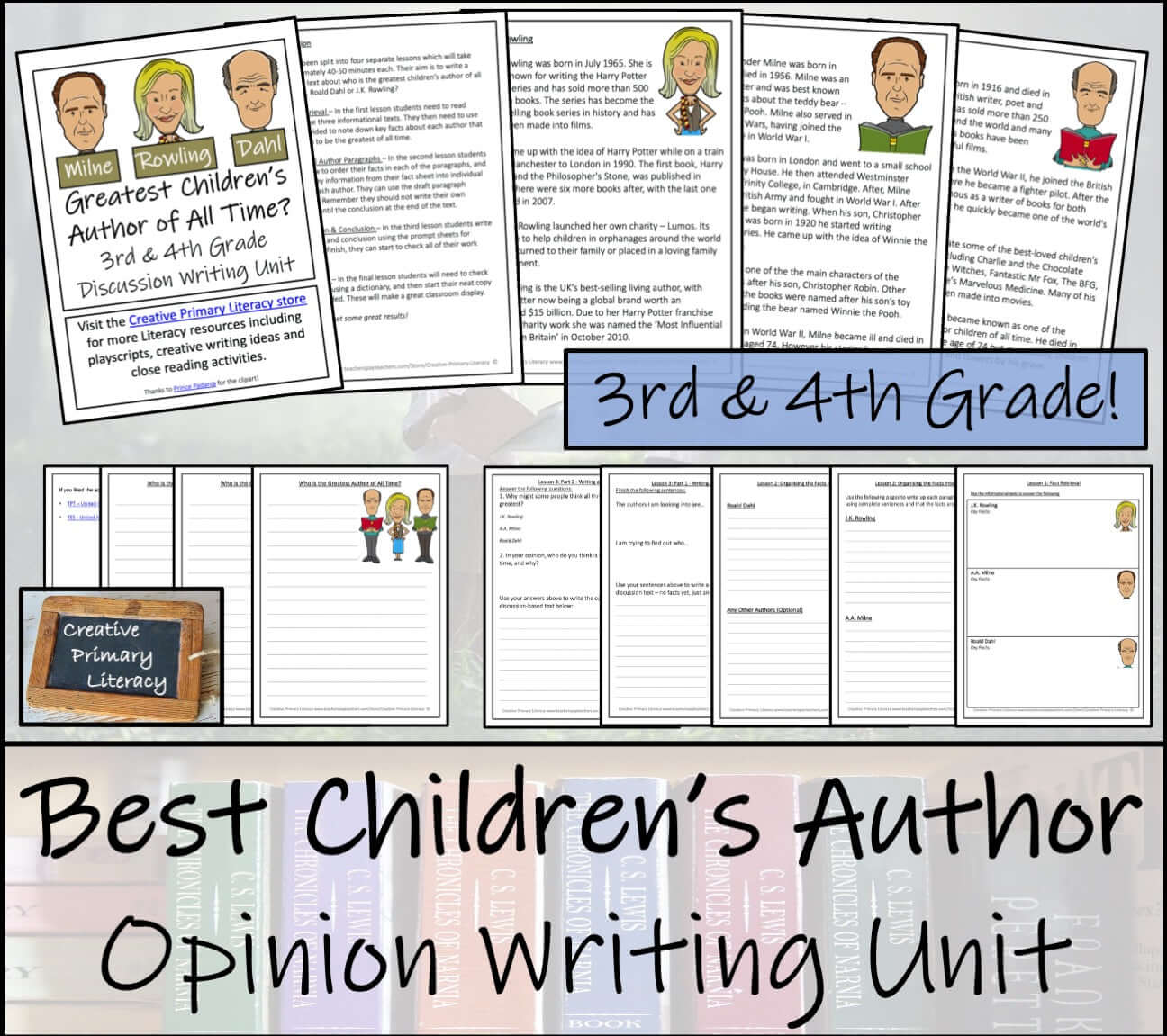Greatest Children’s Author Opinion Writing Unit | 3rd–4th Grade materials showing discussion prompts and writing templates.