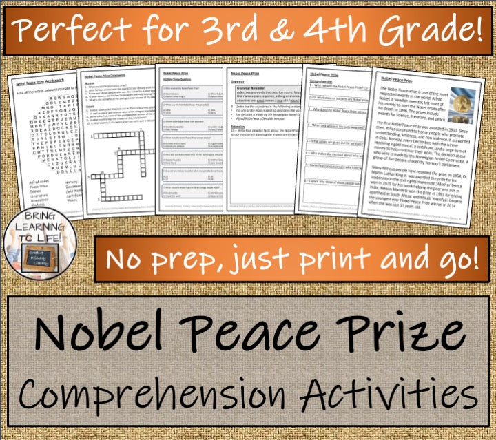 Nobel Peace Prize Close Reading Comprehension Activities | 3rd Grade & 4th Grade