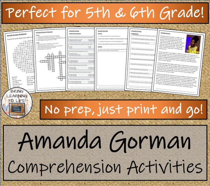 Amanda Gorman Close Reading Comprehension Activities | 5th Grade & 6th Grade