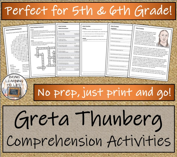 Greta Thunberg Close Reading Comprehension Activities | 5th Grade & 6th Grade