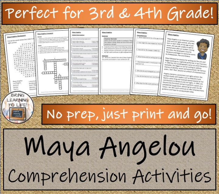 Maya Angelou Close Reading Comprehension Activities | 3rd Grade & 4th Grade