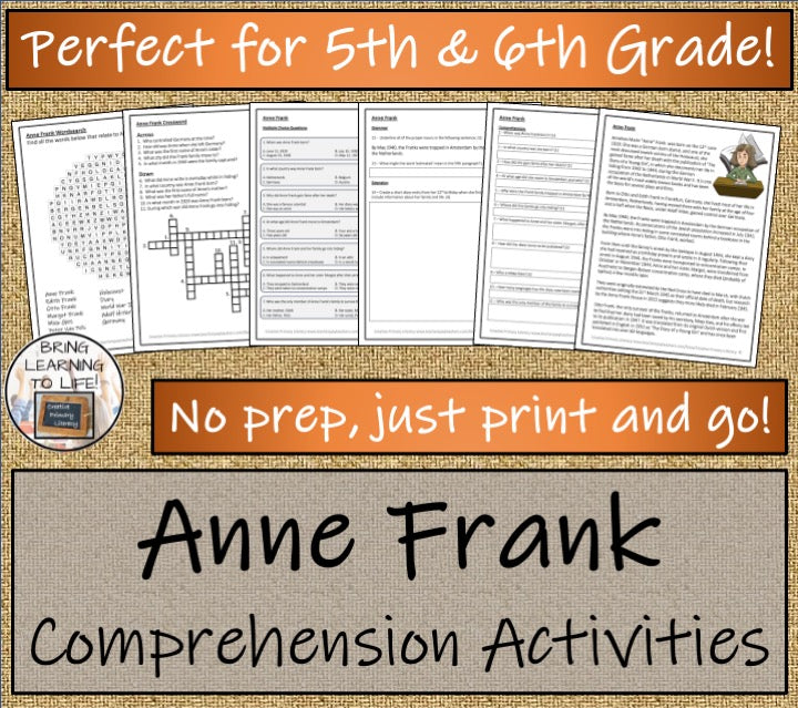 Anne Frank Close Reading Comprehension Activities | 5th Grade & 6th Grade