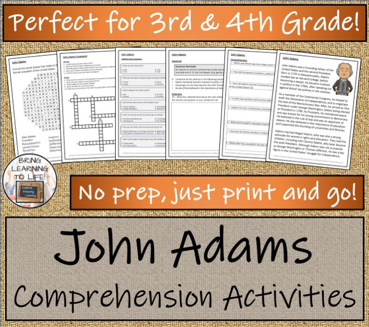 John Adams Close Reading Comprehension Activities | 3rd Grade & 4th Grade