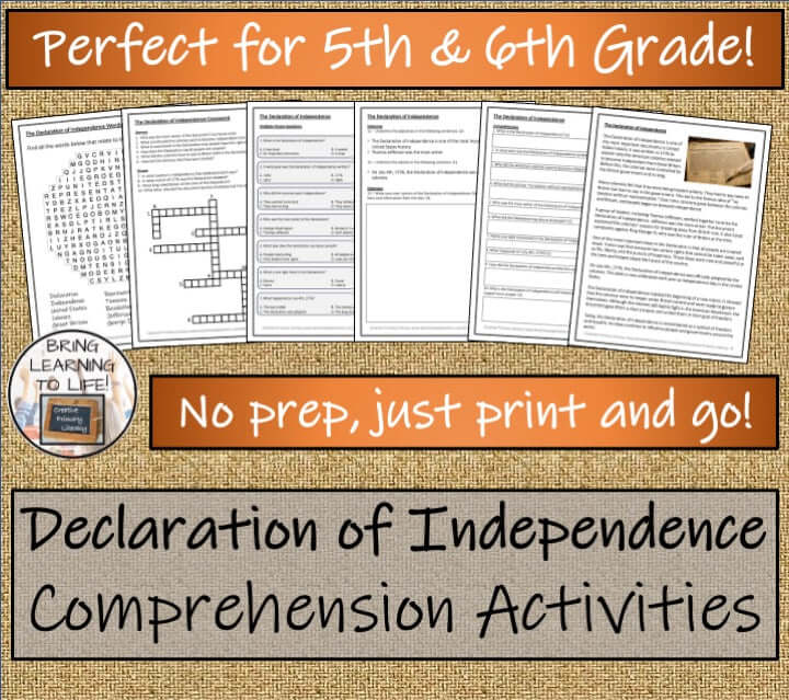 Declaration of Independence Reading Comprehension Activities | 5th–6th Grade worksheets for no prep learning in 5th and 6th grade.