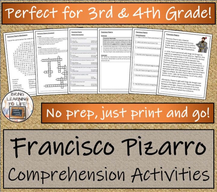 Francisco Pizarro comprehension and biography bundle for 3rd-4th grade reading activities and presentation.