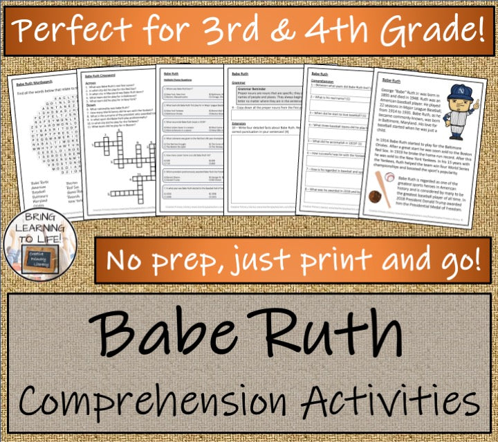 Babe Ruth Close Reading Comprehension Activities | 3rd Grade & 4th Grade