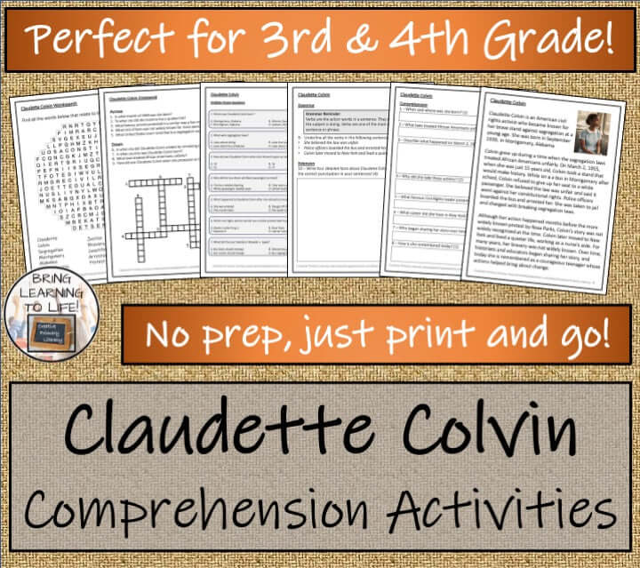 Claudette Colvin reading activities and presentation for 3rd-4th grade comprehension activities.