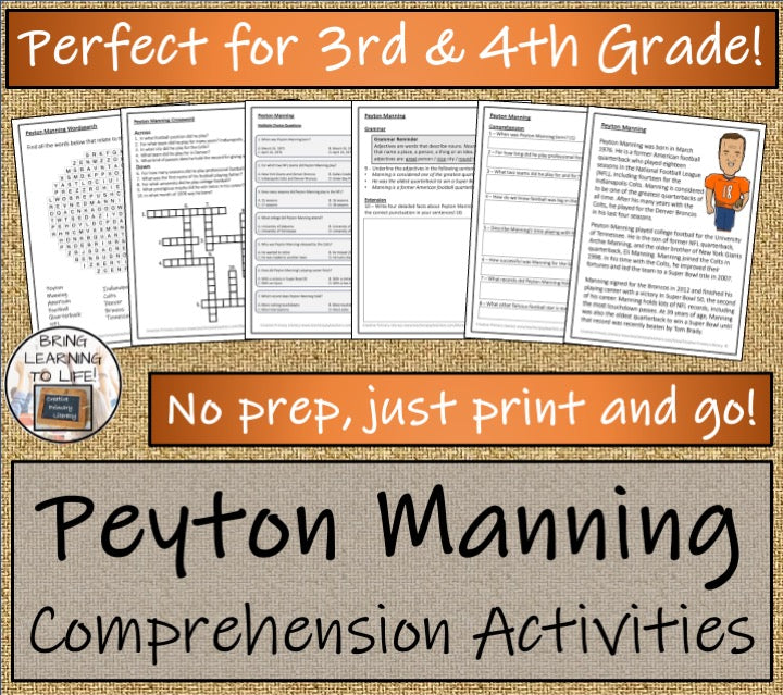 Peyton Manning Close Reading Comprehension Activities | 3rd Grade & 4th Grade