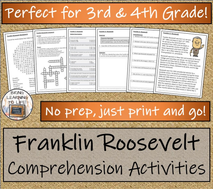 Franklin Roosevelt Close Reading Comprehension Activities | 3rd Grade & 4th Grade