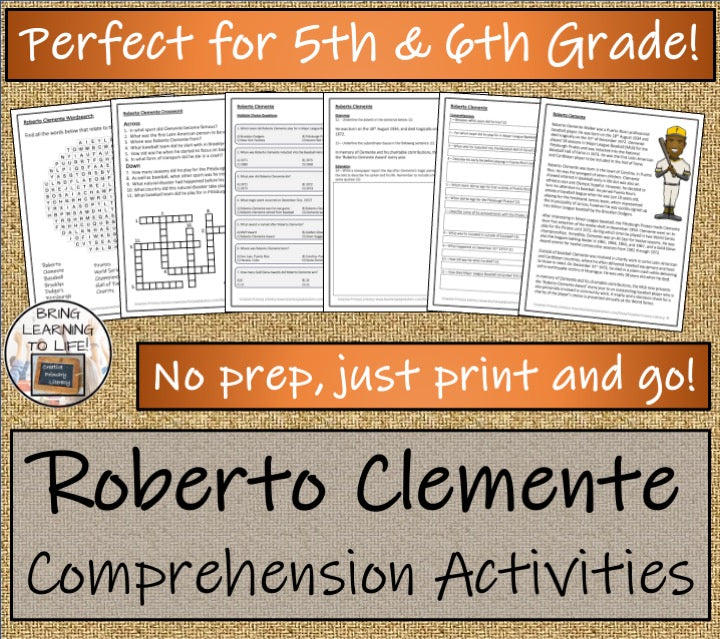 Roberto Clemente Close Reading Comprehension Activities | 5th Grade & 6th Grade