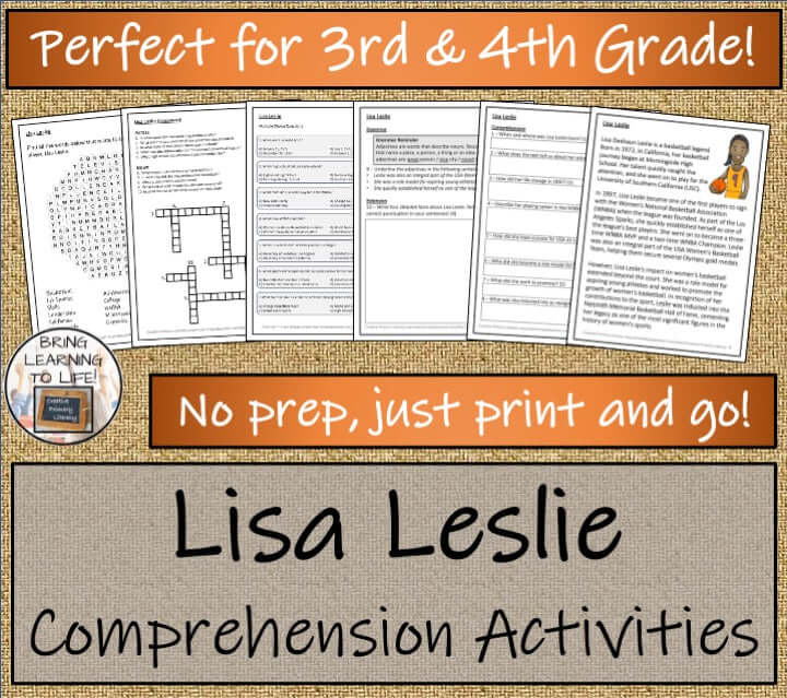 Lisa Leslie Close Reading Passage & Comprehension Activities | 3rd–4th Grade materials including puzzles and worksheets.