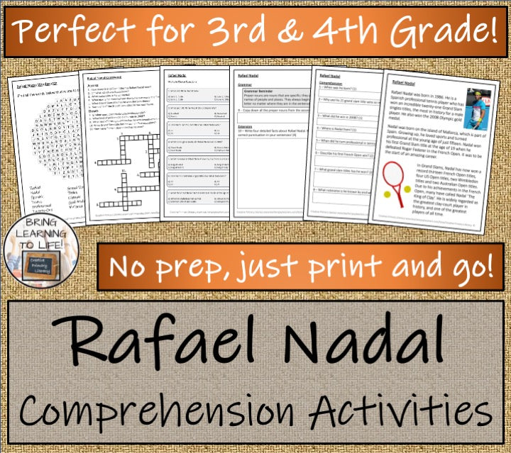 Rafael Nadal Close Reading Comprehension Activities | 3rd Grade & 4th Grade