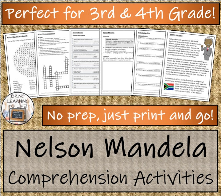 Nelson Mandela Close Reading Comprehension Activities | 3rd Grade & 4th Grade