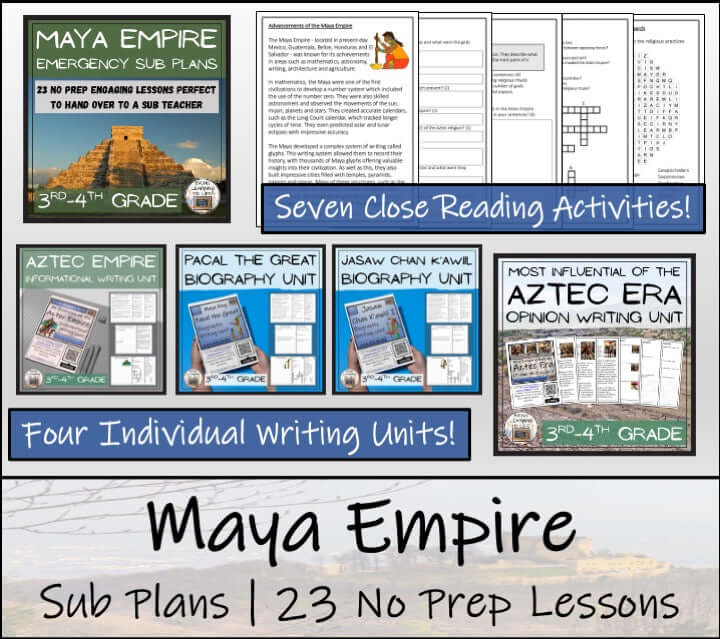 Maya Empire emergency sub plans bundle with 23 no prep lessons for 3rd-4th grade teachers.
