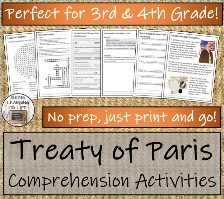 Treaty of Paris Close Reading Comprehension Activities | 3rd Grade & 4th Grade