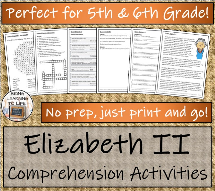 Queen Elizabeth II Close Reading Comprehension Activities | 5th Grade & 6th Grade