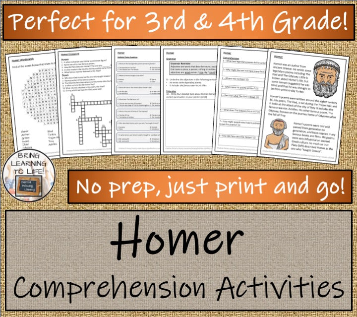 Homer Close Reading Comprehension Activities | 3rd Grade & 4th Grade