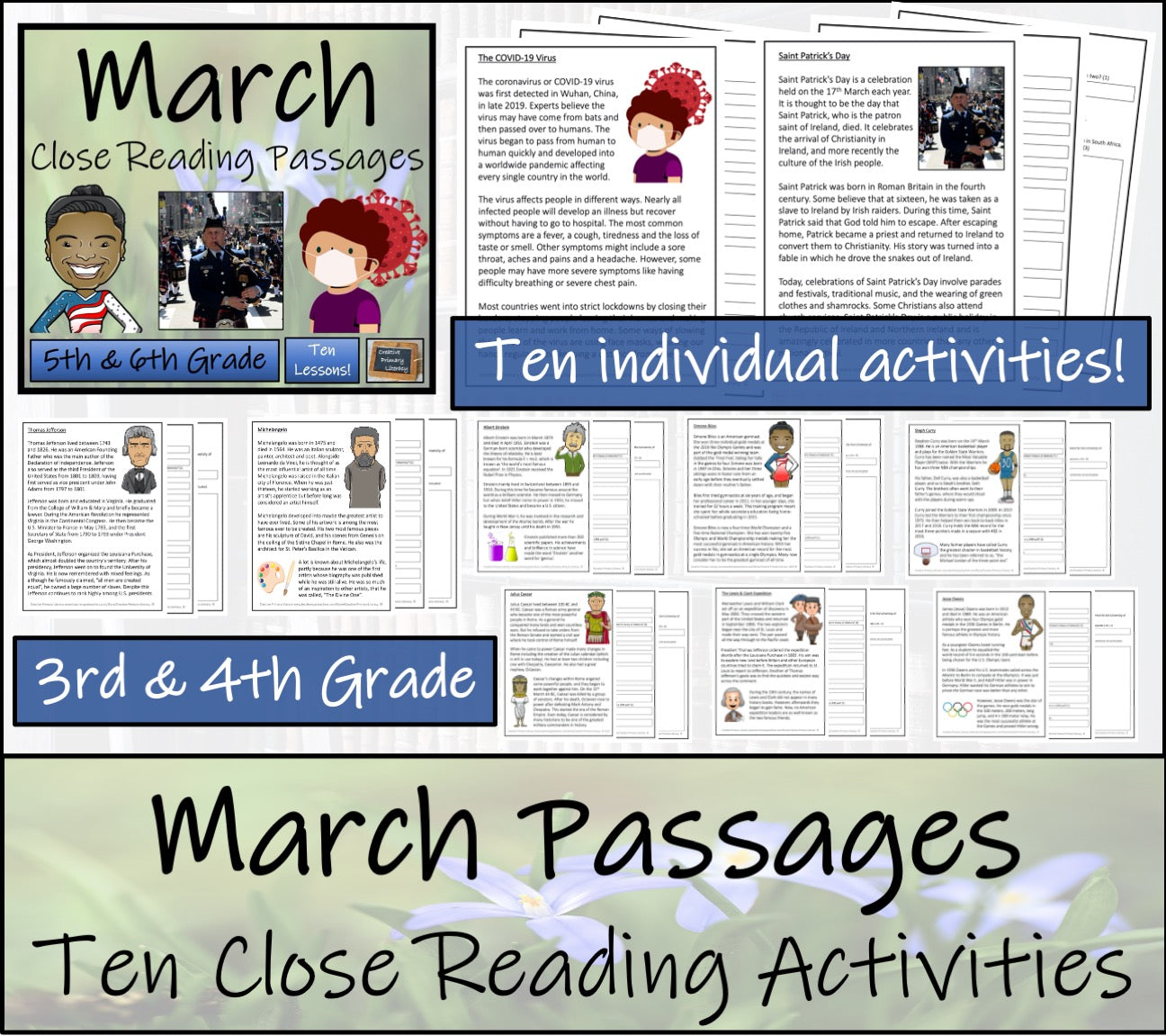 March Close Reading Comprehension Passages | 3rd Grade & 4th Grade
