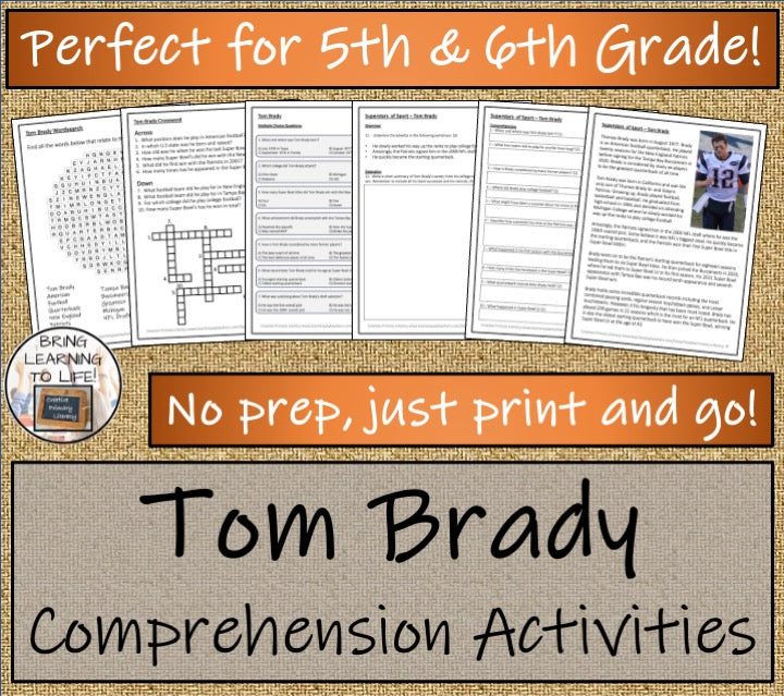 Tom Brady Close Reading Comprehension Activities | 5th Grade & 6th Grade