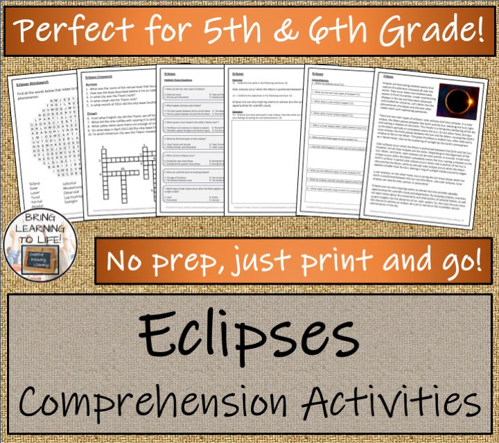 Eclipses Close Reading Comprehension Activities | 5th Grade & 6th Grade