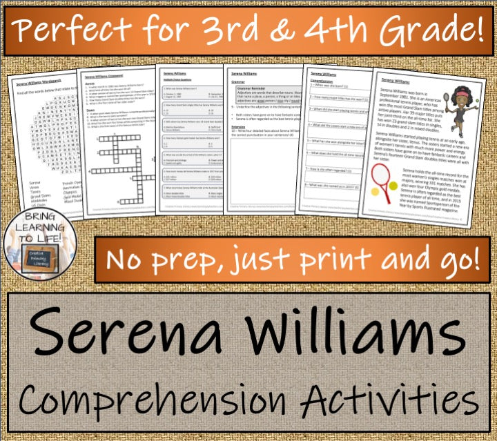 Serena Williams Close Reading Comprehension Activity | 3rd Grade & 4th Grade