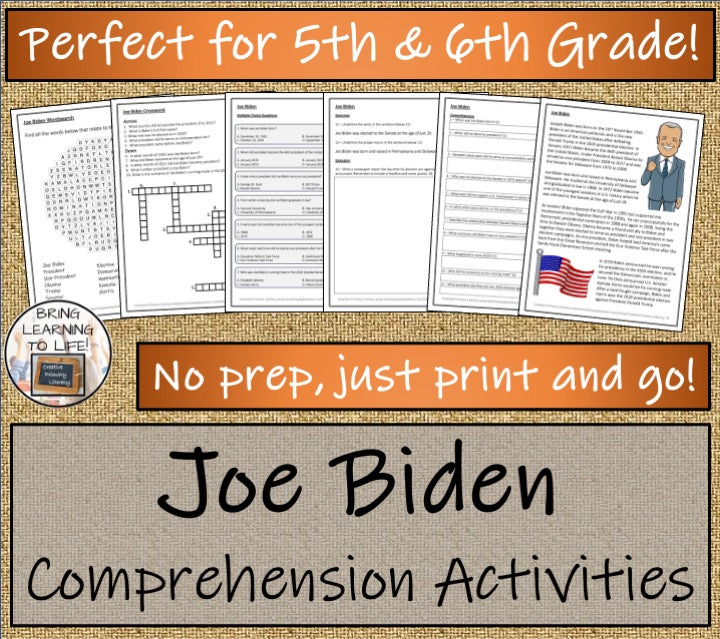 Joe Biden Close Reading Comprehension Activities | 5th Grade & 6th Grade