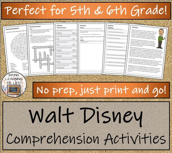 Walt Disney Close Reading Comprehension Activity | 5th Grade & 6th Grade