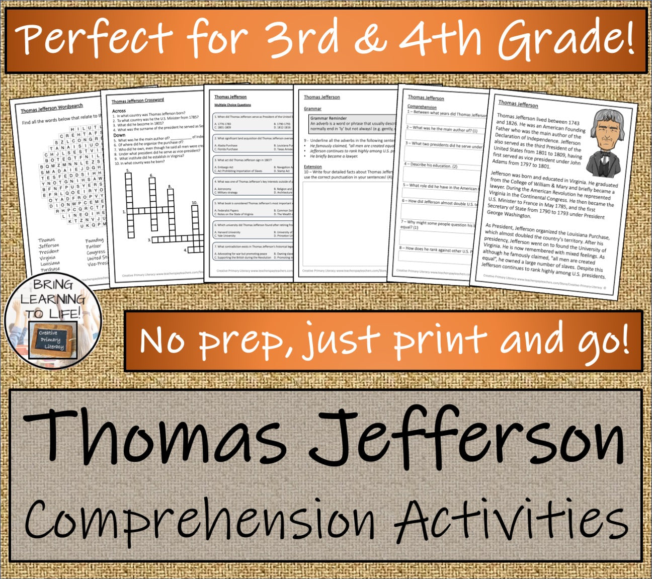 Thomas Jefferson Close Reading Comprehension Activities | 3rd Grade & 4th Grade