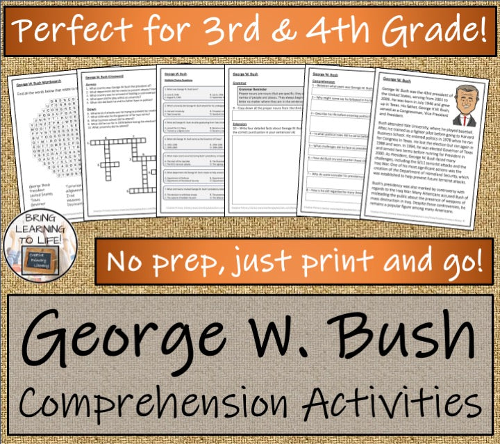 George W. Bush Close Reading Comprehension Activities | 3rd Grade & 4th Grade