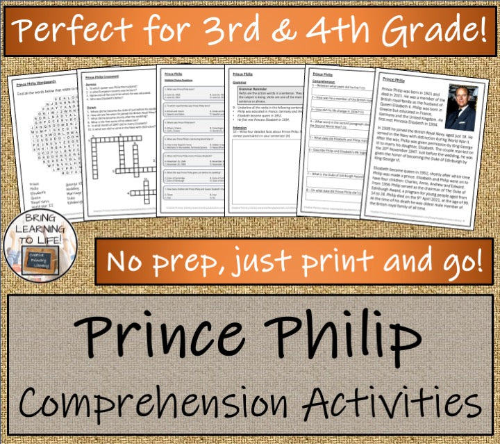 Prince Philip Close Reading Comprehension Activities | 3rd Grade & 4th Grade