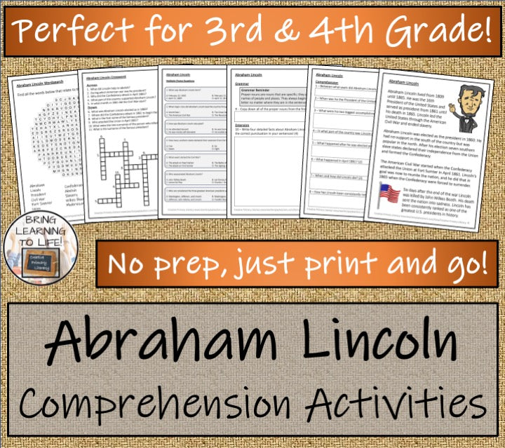 Abraham Lincoln Close Reading Comprehension Activities | 3rd Grade & 4th Grade