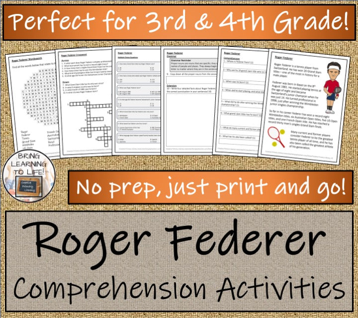 Roger Federer Close Reading Comprehension Activities | 3rd Grade & 4th Grade