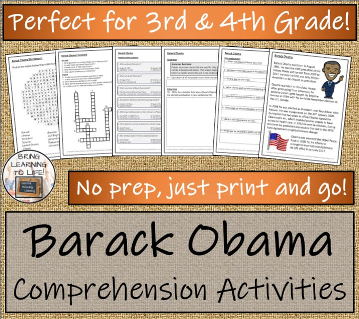 Barack Obama Close Reading Comprehension Activities | 3rd Grade & 4th Grade