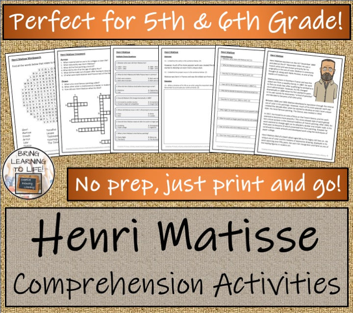 Henri Matisse Close Reading Comprehension Activities | 5th Grade & 6th Grade