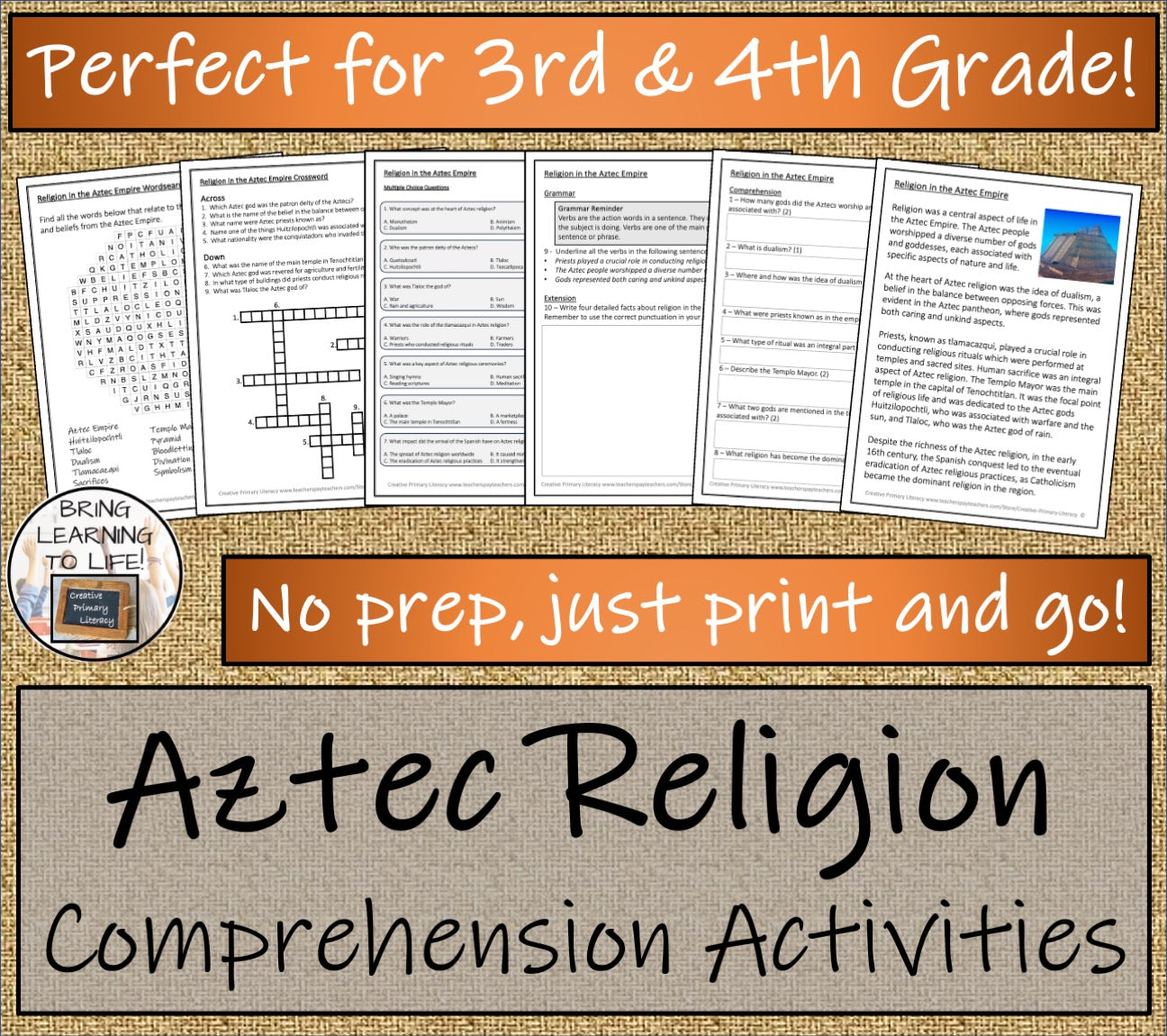 Aztec Religion Close Reading Comprehension Activities | 3rd Grade & 4th Grade