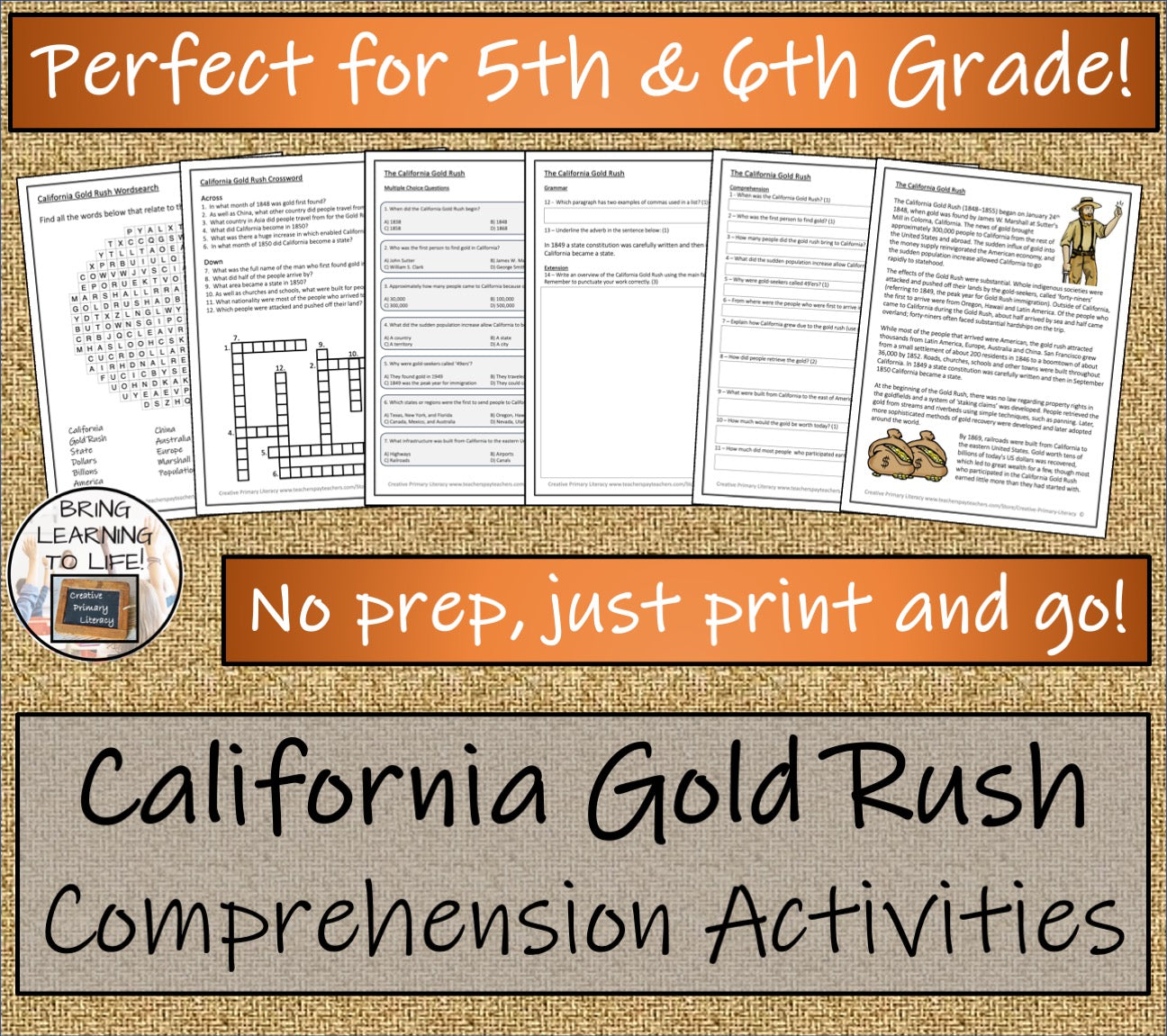 California Gold Rush Close Reading Comprehension Activities | 5th & 6th Grade