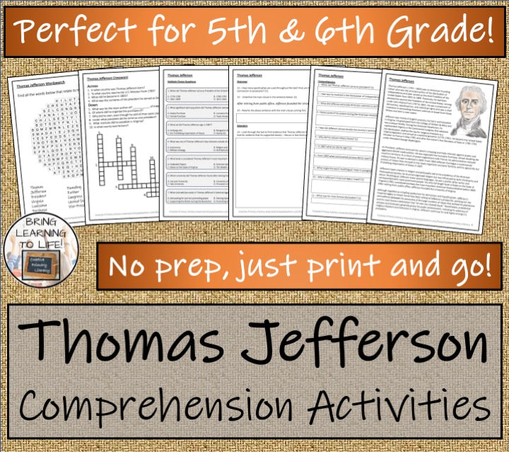 Thomas Jefferson Close Reading Comprehension Activities | 5th Grade & 6th Grade