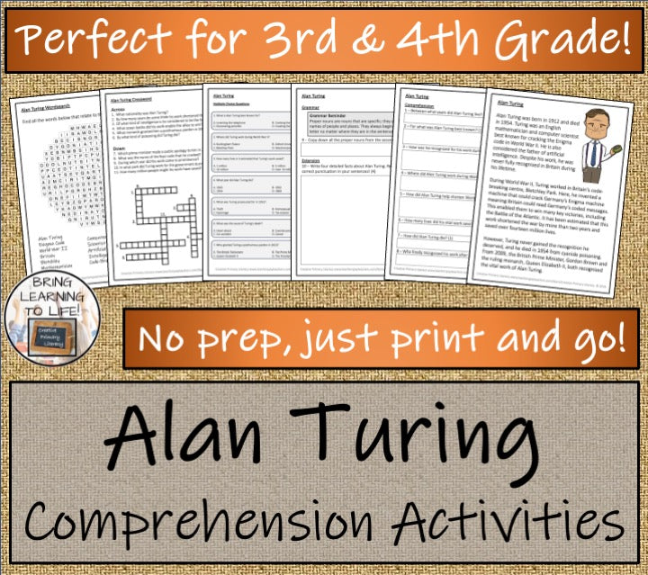 Alan Turing Close Reading Comprehension Activities | 3rd Grade & 4th Grade