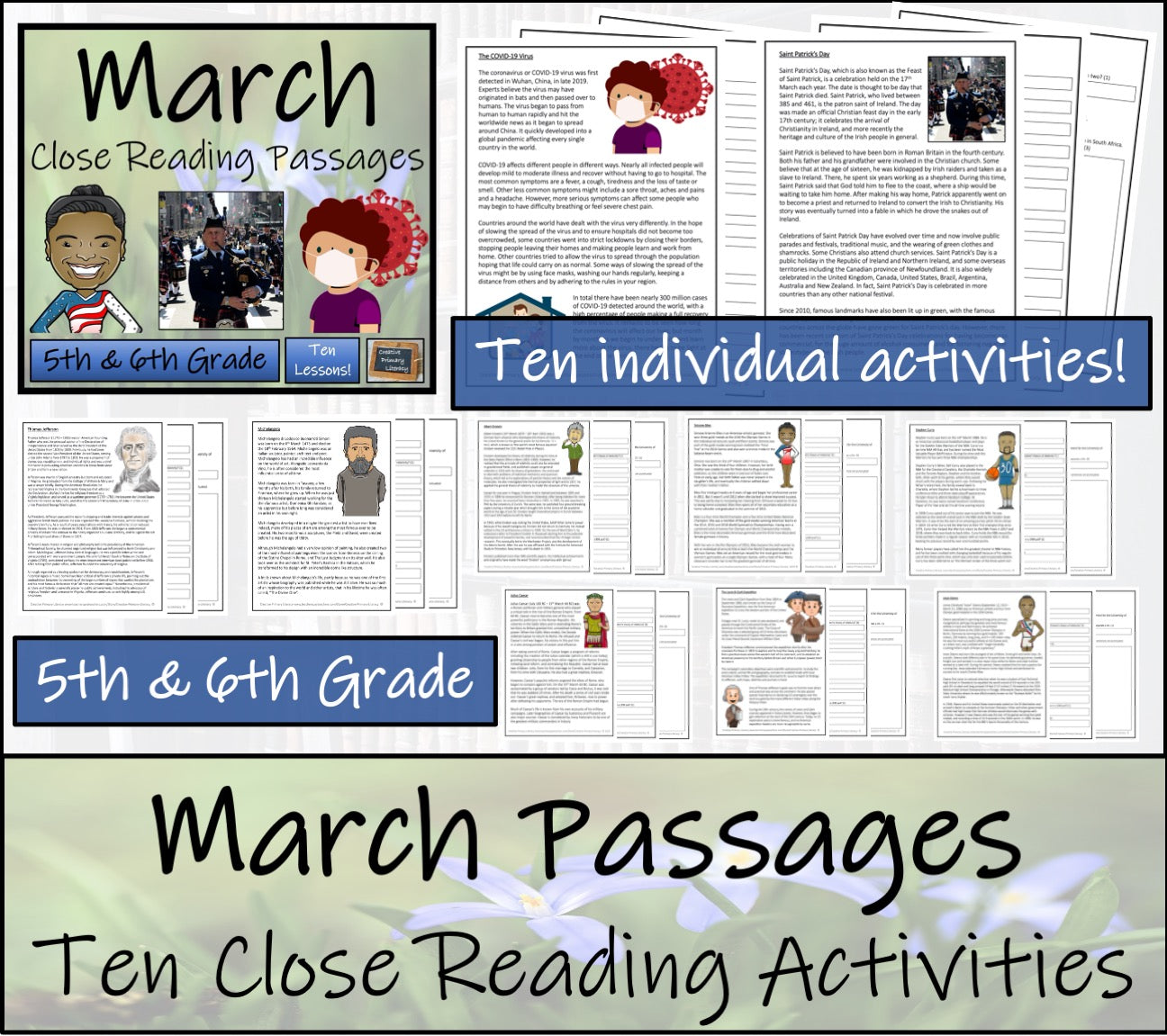 March Close Reading Comprehension Passages | 5th Grade & 6th Grade