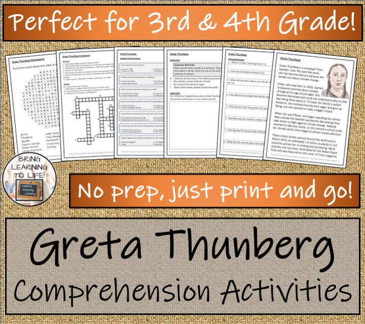 Greta Thunberg Close Reading Comprehension Activities | 3rd Grade & 4th Grade