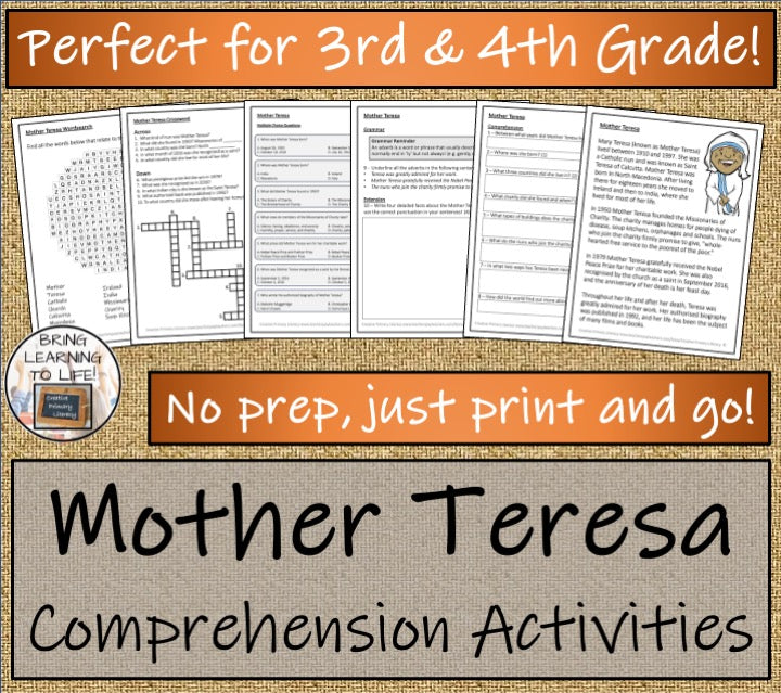 Mother Teresa Close Reading Comprehension Activities | 3rd Grade & 4th Grade