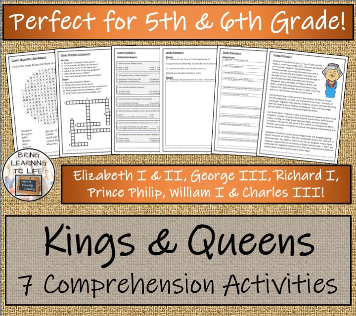 British Kings & Queens Close Reading Comprehension Bundle | 5th & 6th Grade