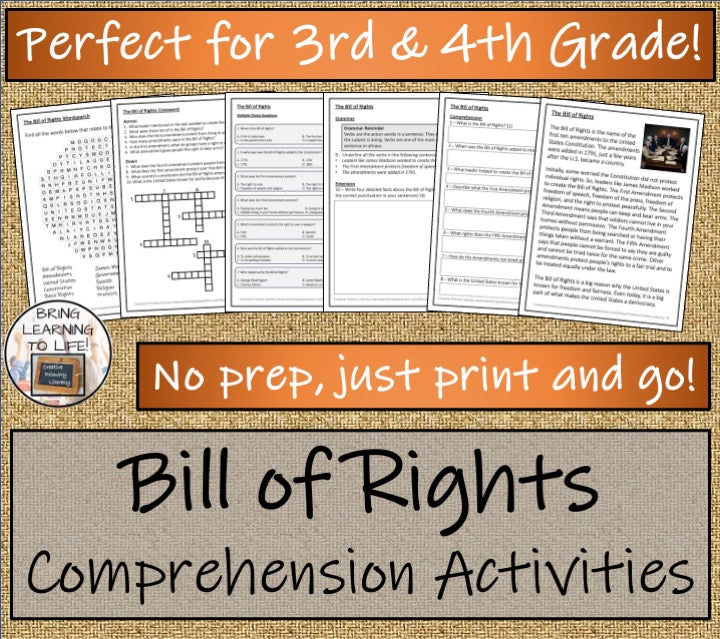 Bill of Rights Close Reading Comprehension Activities | 3rd Grade & 4th Grade