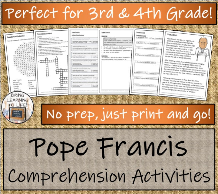 Pope Francis Close Reading Comprehension Activities | 3rd Grade & 4th Grade